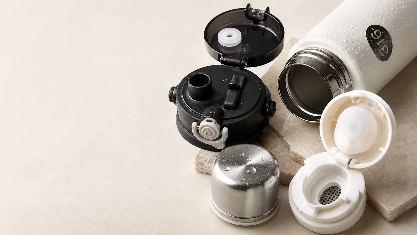 Bagian-bagian tumbler Herta: tutup, saringan, dan cup cap